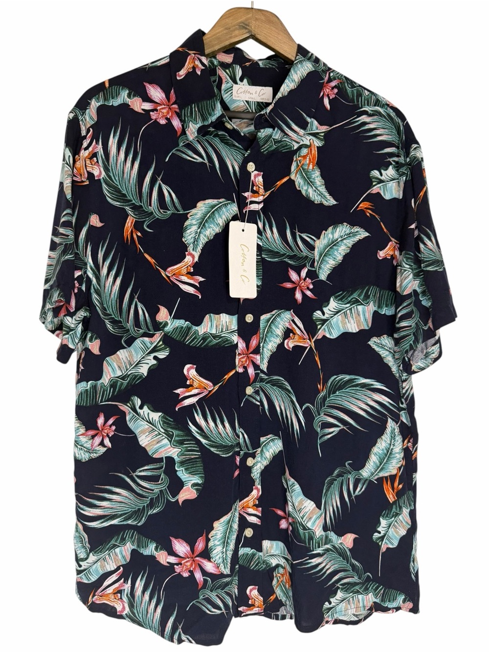NWT Cotton & Co. Men's Hawaiin Shirt size Large Navy Blue Tropical Botanical